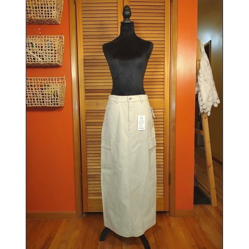 Cotton Cargo Maxi Skirt Size 6 / 28 - Kensie Jean Beige Stretch Canvas Utility - Picture 6 of 15